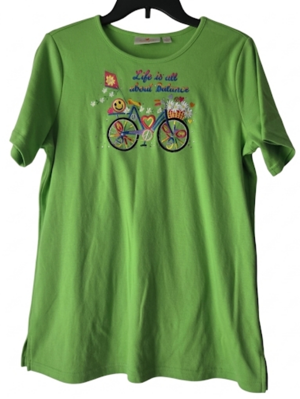 NWOT Quacker Factory Green Graphic Tee "Life is all about Balance" Size S
